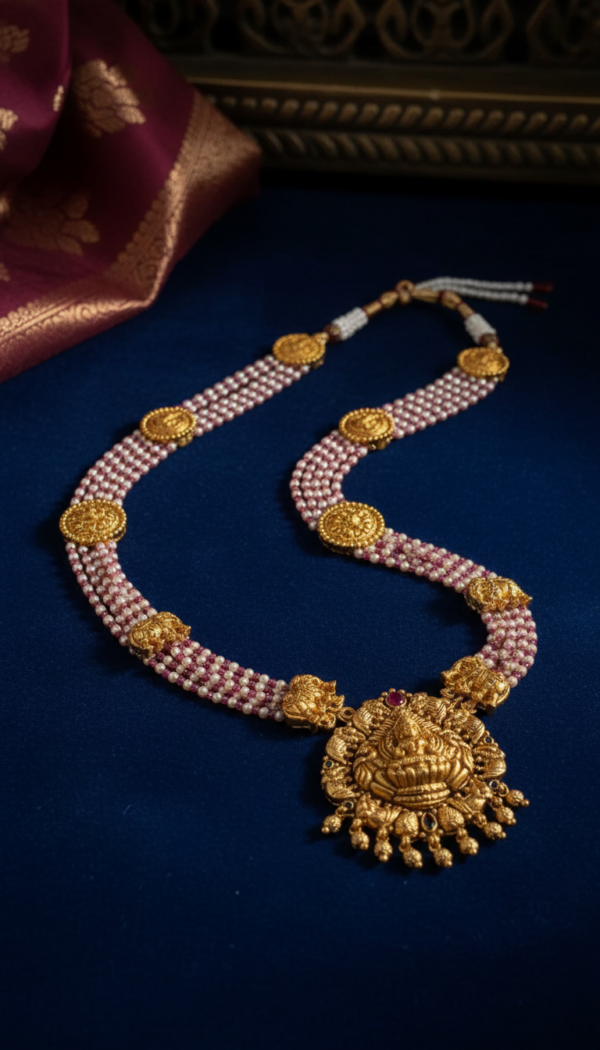 lakshmi-devi-heavy-pendant-with-side-mops-and-beaded-jewellery-in-elegant-setting.png Lakshmi Haara